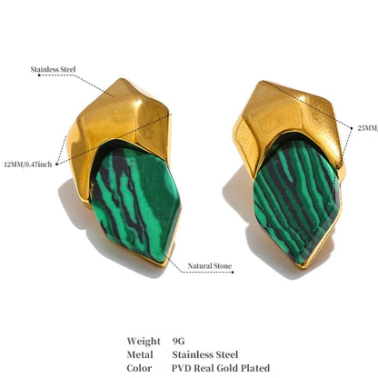 Gold Plated Green Malachite Geometric Earrings – Tarnish Resistant Studs