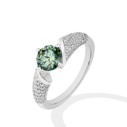 Luxe Jewels Round Cut 1CT Green Moissanite Ring - Genuine S925 Sterling Silver Ring for Women