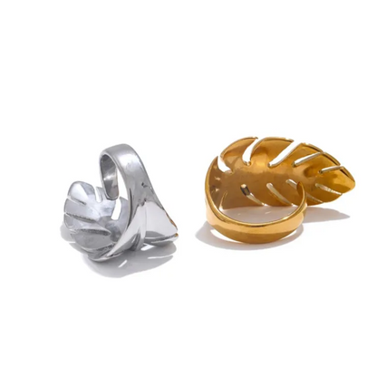 Luxe Jewels Stylish Stainless Steel Metal Leaf Open Ring - 18K Gold Plated Jewelry