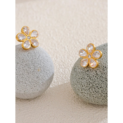 Cubic Zirconia Flower Golden Stud Earrings for Women - 316L Stainless Steel Waterproof Jewellery