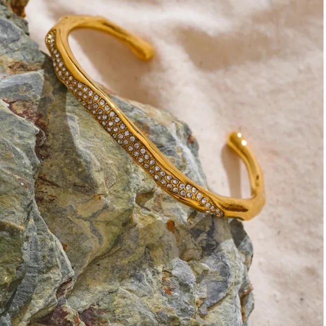 62mm CZ Open Cuff Bracelet – 18K Real Gold Plated Stainless Steel Waterproof Bracaelet