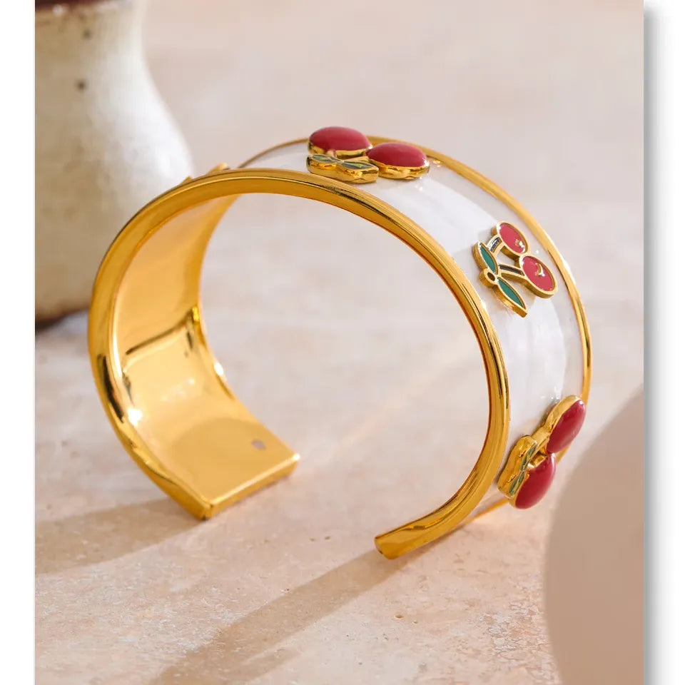 18K Gold Plated 64mm Stainless Steel White Enamel Cherry Cuff Bracelet - Jewelry Gift Ideas