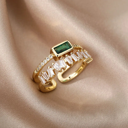 Green Double Layer Zircon Ring – 18K Gold Plated Adjustable Band