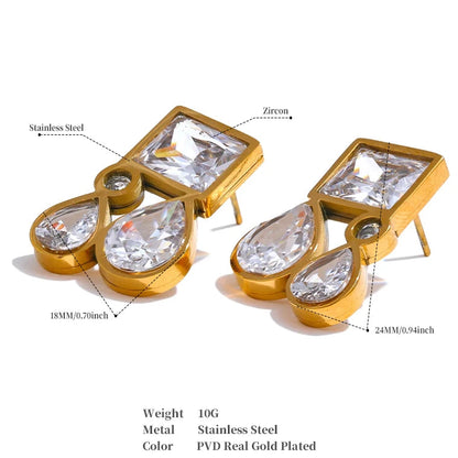 Shiny Cubic Zirconia Square Water Drop Teardrop Stud Earrings 316L Stainless Steel CZ Golden Premium Jewelry