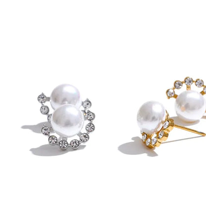 Pearl & Zirconia Stud Earrings – Gold Plated Water Resistant