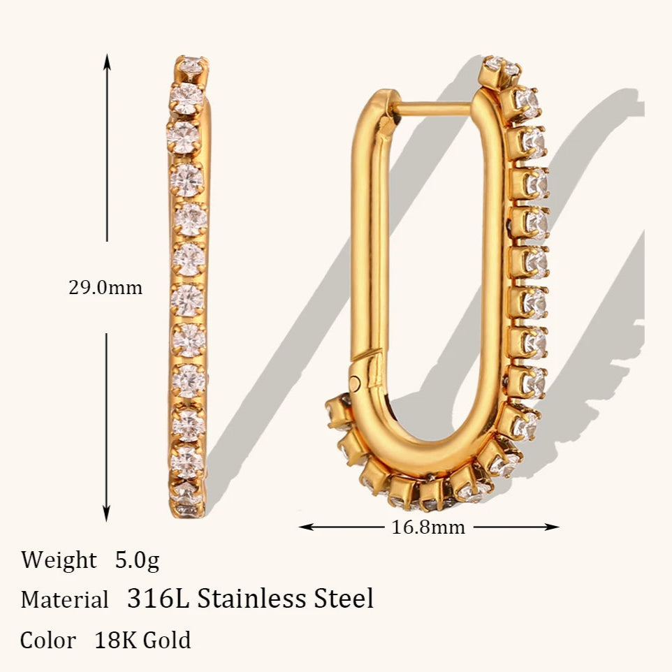Zircon U-Shaped Hoop Earrings – Waterproof 18K Gold Stainless Steel