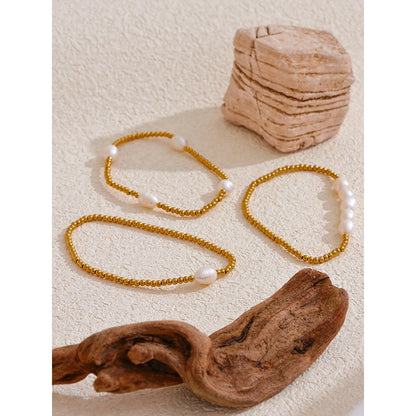 Freshwater Pearl & Bead Bracelet – Gold Plated Stainless Steel, Handmade