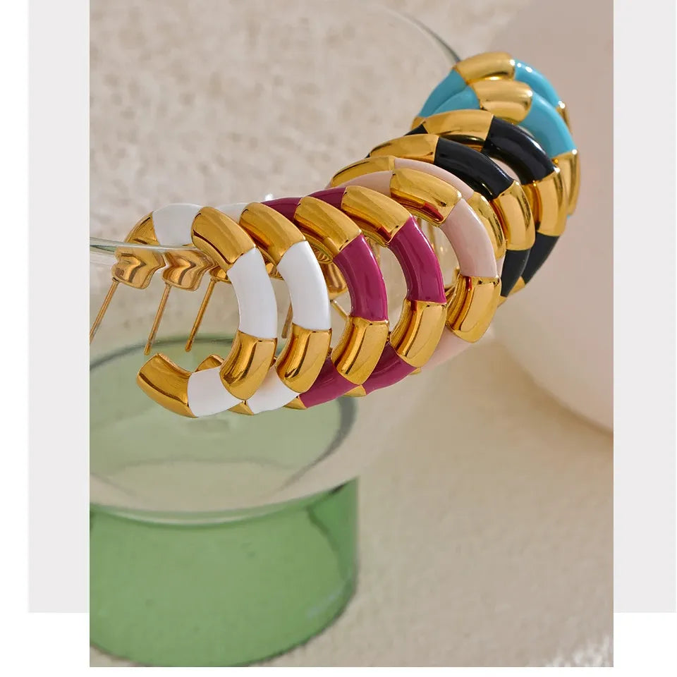 Multi Color Enamel Stainless Steel C-Shape Geometric Unique Earrings Waterproof Classic Stylish Jewelry