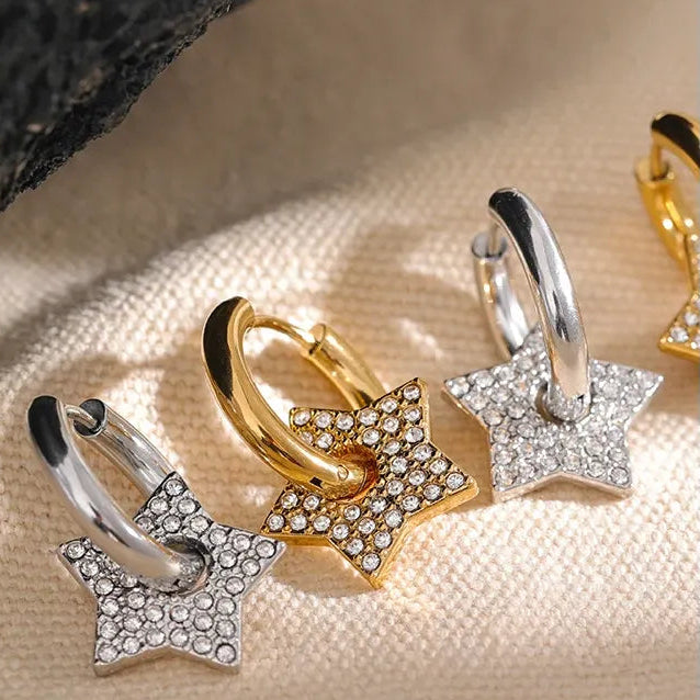 Star Drop Stainless Steel Cubic Zirconia Hoop Earrings for Women 18K PVD Plated Texture Jewelry