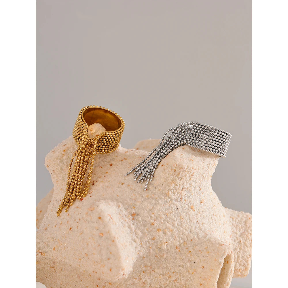 Luxe Jewels Chain Tassel Adjustable Ring – 18K PVD Plated Jewelry