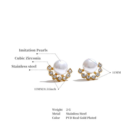 Pearl & Zirconia Stud Earrings – Gold Plated Water Resistant