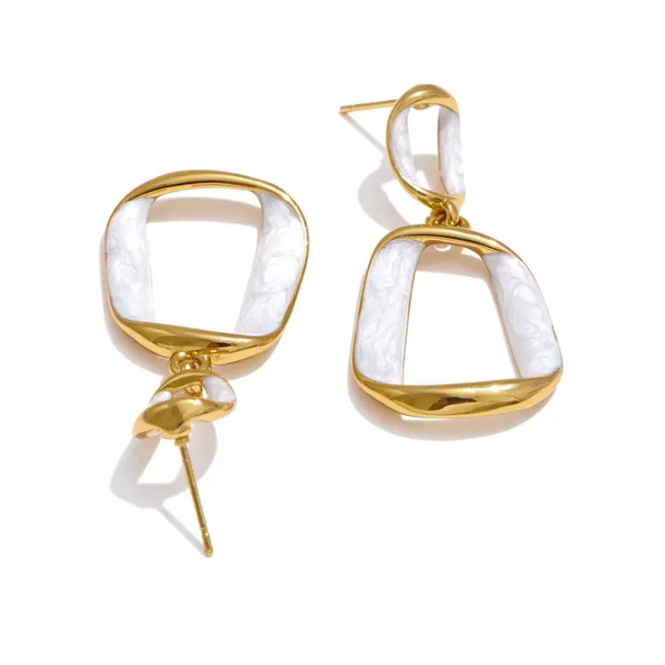 Trendy Stainless Steel White Enamel Rectangular Hollow Drop Earrings 18K Gold Color Plated Jewelry
