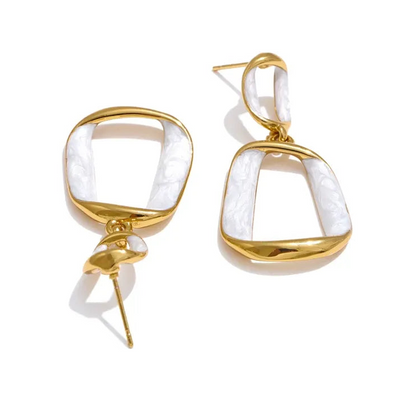 Trendy Stainless Steel White Enamel Rectangular Hollow Drop Earrings 18K Gold Color Plated Jewelry