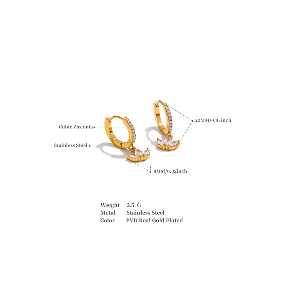 Waterproof Cubic Zirconia Flower Drop Hoop Earrings Hypoallergenic Stainless Steel Gold Color Daily Wear Fashion Jewelry