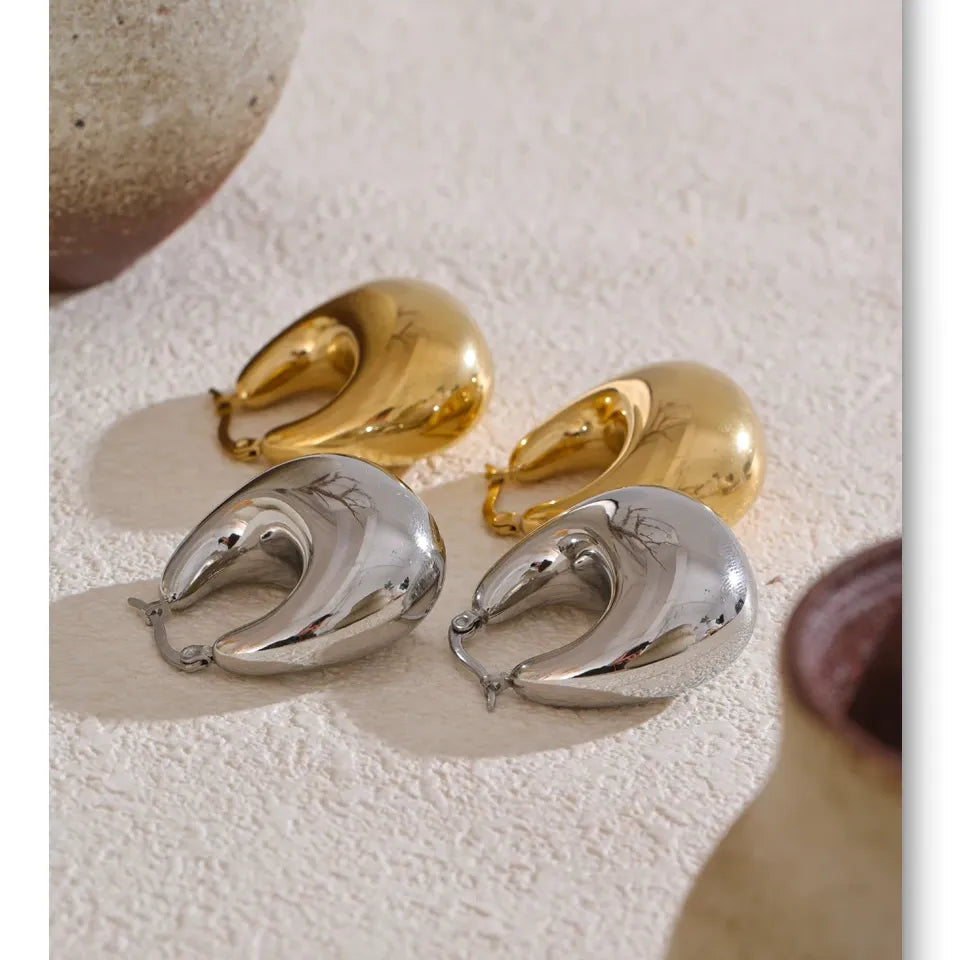 High Quality Stainless Steel Glossy Smooth Metal Chunky Hollow Hoop Earrings 18K Real Gold PVD Plated Jewelry