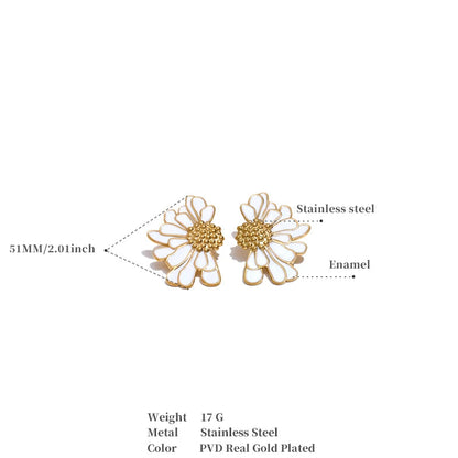 Floral Big White Black Enamel - Fashion Stud Earrings 18K Gold Color PVD Plated Stainless Steel Jewelry