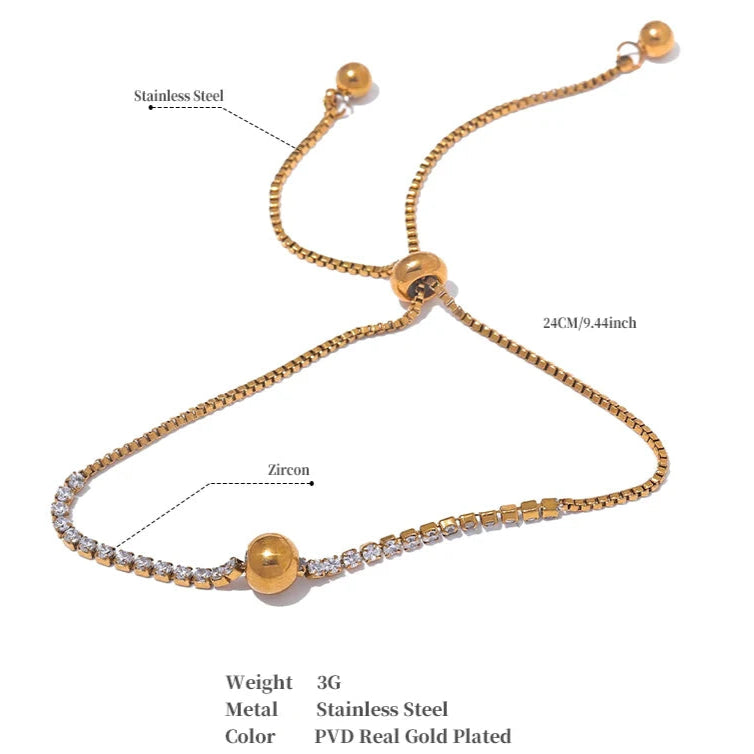 2MM Adjustable CZ Charm Bracelet – Gold Stainless Steel 18K Plated Waterproof