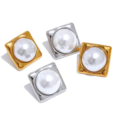 Elegant Square Pearl Stud Earrings – 316L Gold Plated