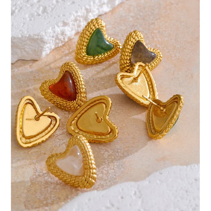 Stainless Steel Resin Heart Love Golden Stud Earrings Daily Wear Trendy Jewelry