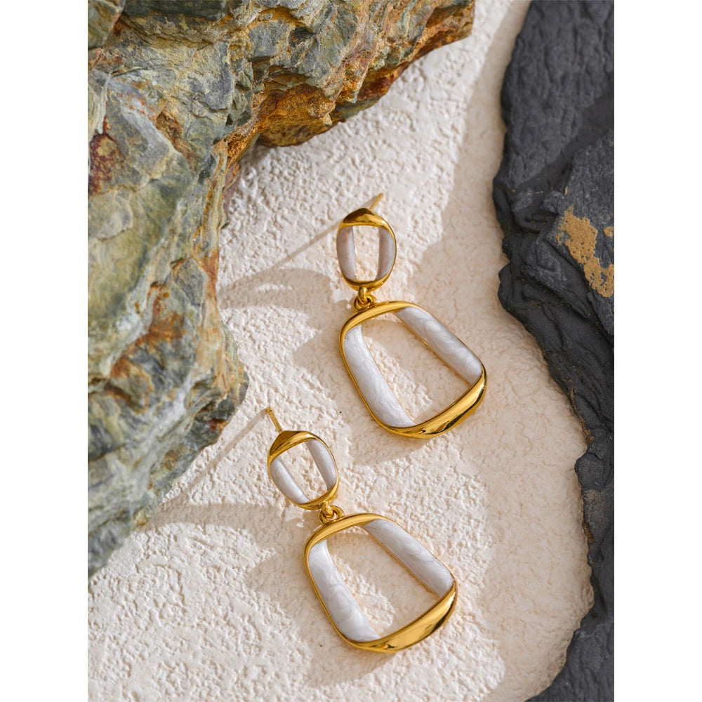 Trendy Stainless Steel White Enamel Rectangular Hollow Drop Earrings 18K Gold Color Plated Jewelry
