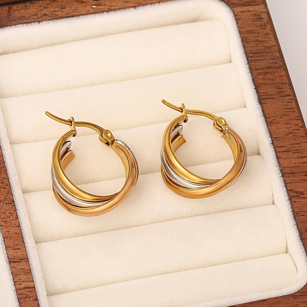 Greatera Trendy Stainless Steel Twisted Tricolor Hoop Earrings for Women Layered Round Circle Metal Earrings Waterproof Jewelry