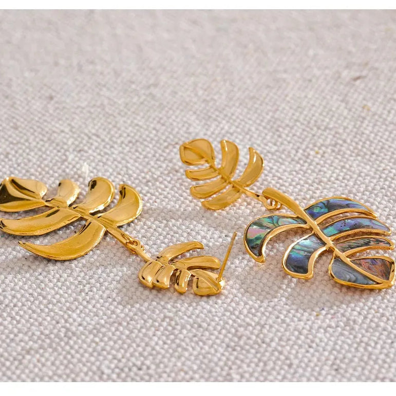 Stainless Steel Big Leaves Drop Dangle Earrings 18k PVD Plated Fashion Summer Jewelry
