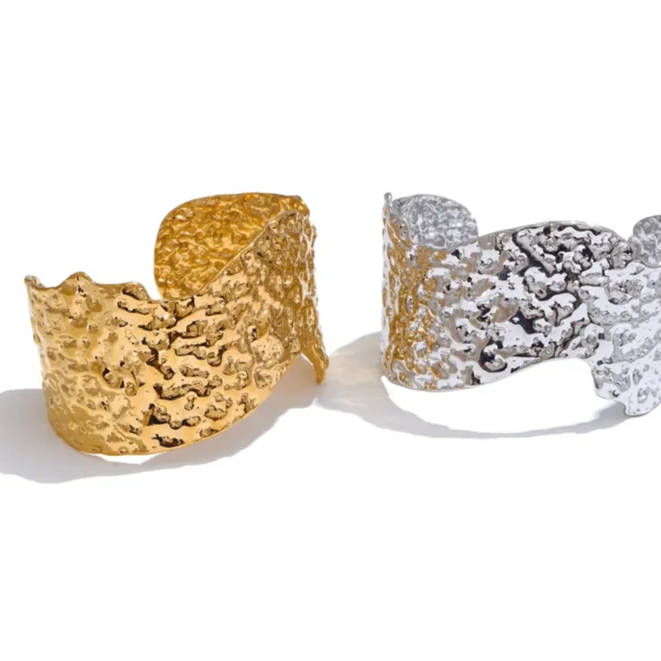 Hammered Wide Open Cuff – 18K Gold Stainless Steel Bracelet