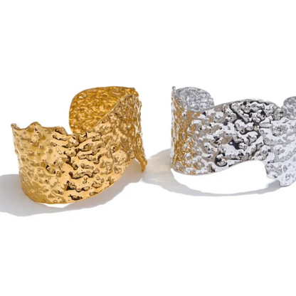 Hammered Wide Open Cuff – 18K Gold Stainless Steel Bracelet