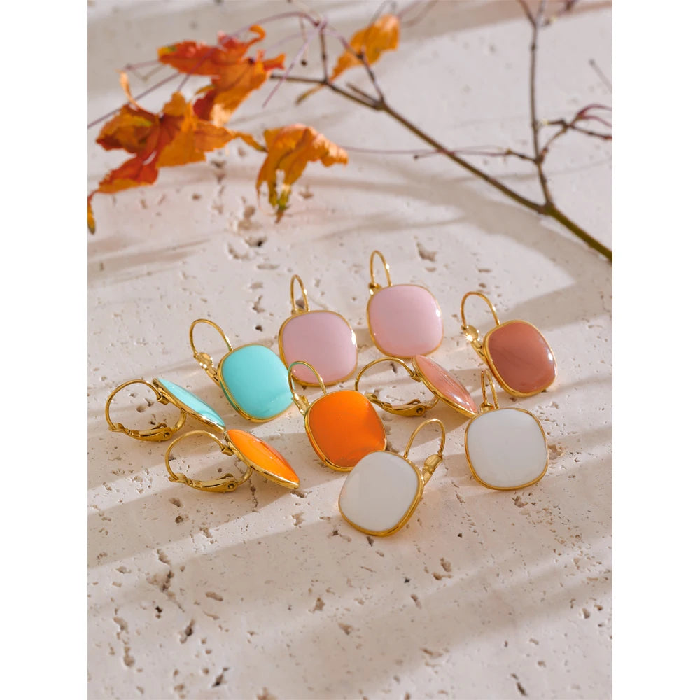 Joyful Candy Multicolored Enamel Square Hoop Earrings 18K Golden Plated Waterproof Stainless Steel Spring Summer Jewelry