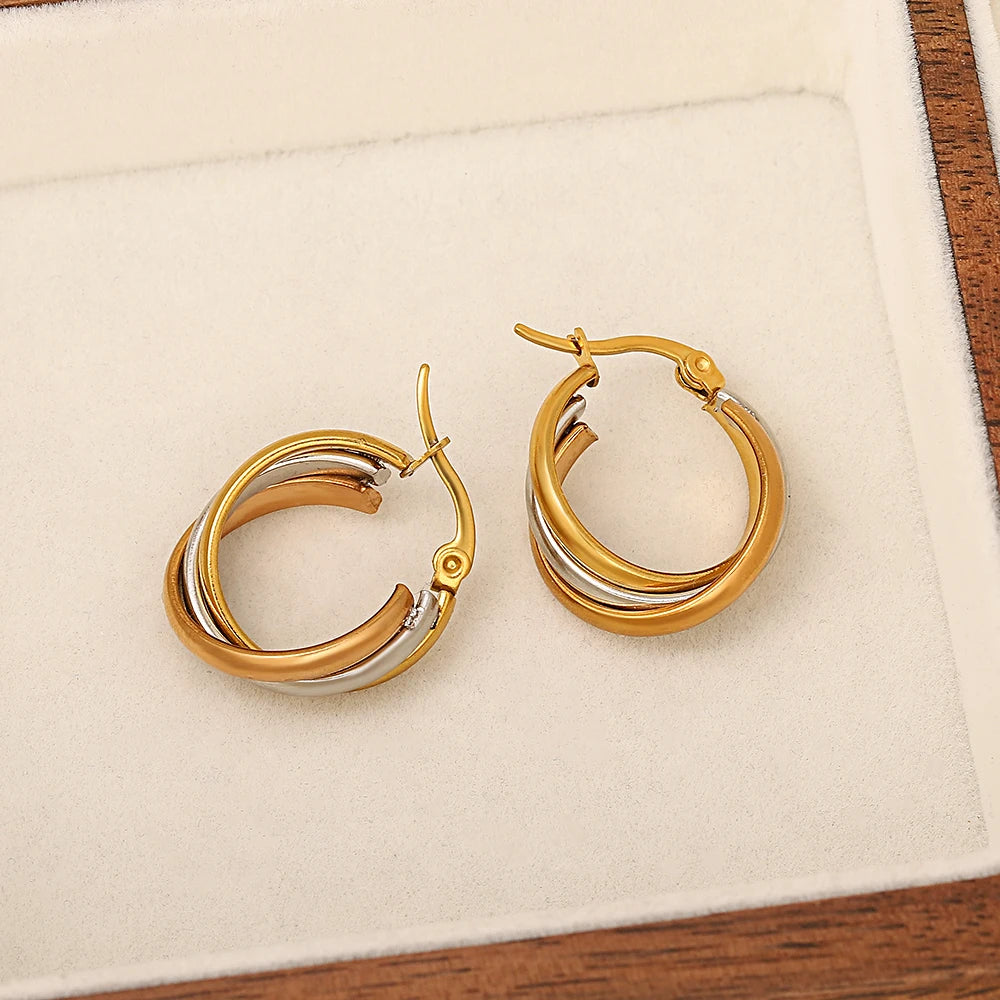 Greatera Trendy Stainless Steel Twisted Tricolor Hoop Earrings for Women Layered Round Circle Metal Earrings Waterproof Jewelry