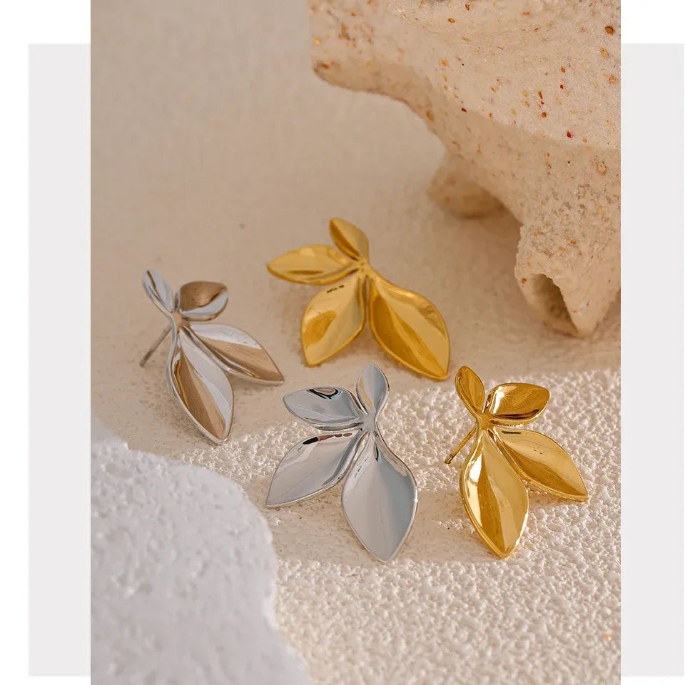 Stainless Steel Flower Leaves Stud Earrings - Hypoallergenic Waterproof Charm Texture High Quality Jewelry