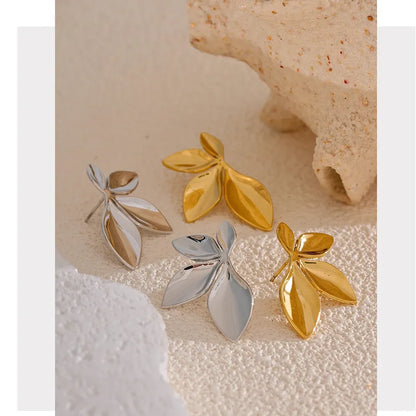Stainless Steel Flower Leaves Stud Earrings - Hypoallergenic Waterproof Charm Texture High Quality Jewelry