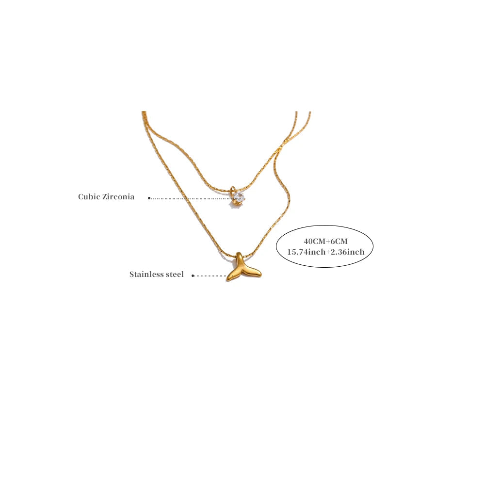 Elegant Double Layer Fishtail Necklace with Zircon Pendant – Gold Plated