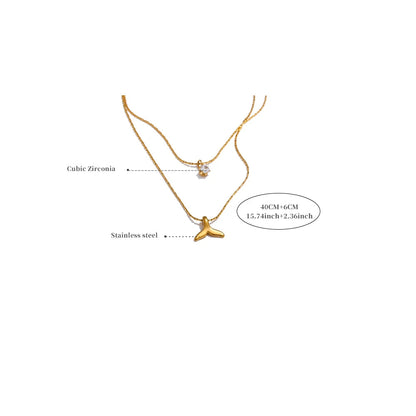 Elegant Double Layer Fishtail Necklace with Zircon Pendant – Gold Plated