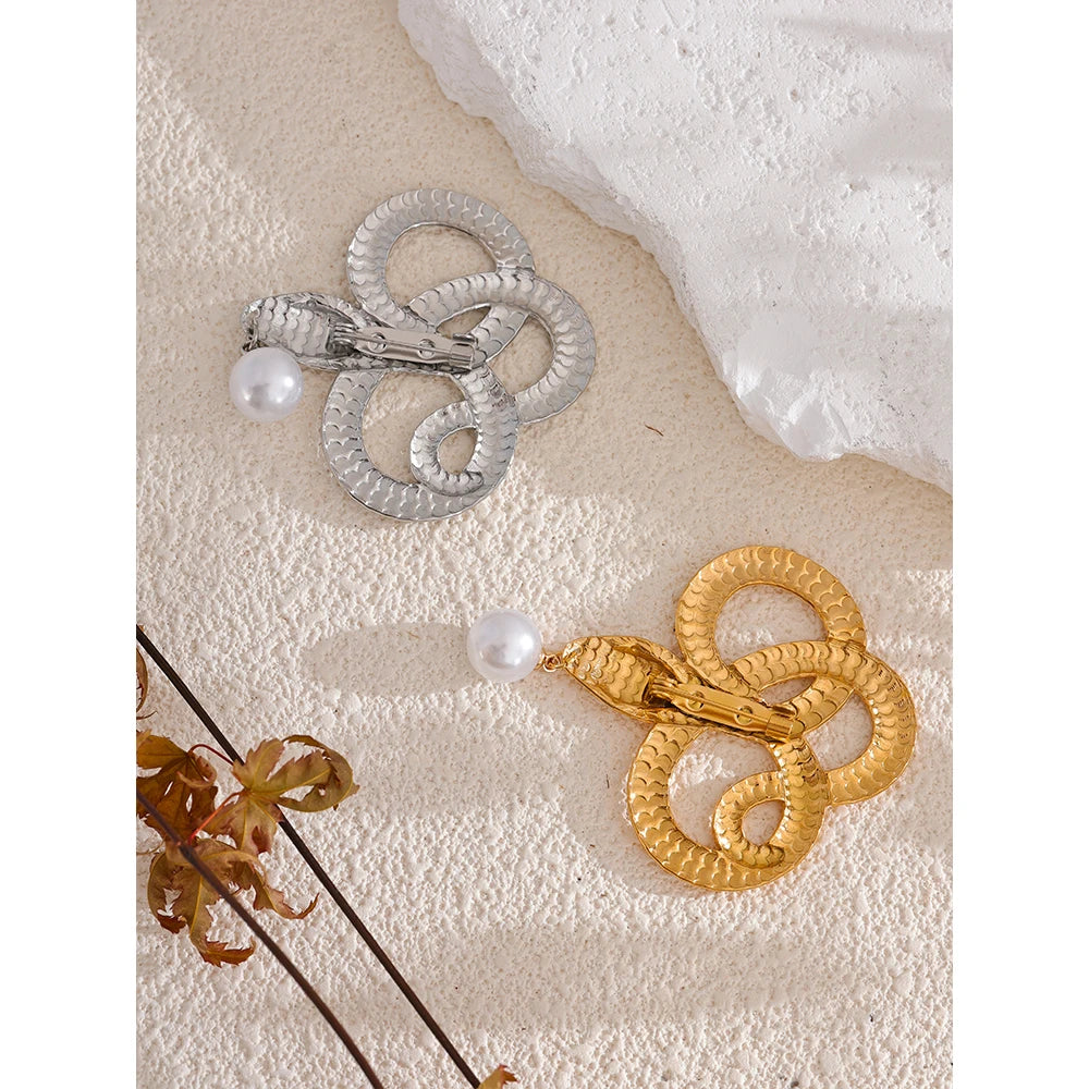 Snake Drop Pearl Brooch – 316L Stainless Steel Gold-Plated Pin