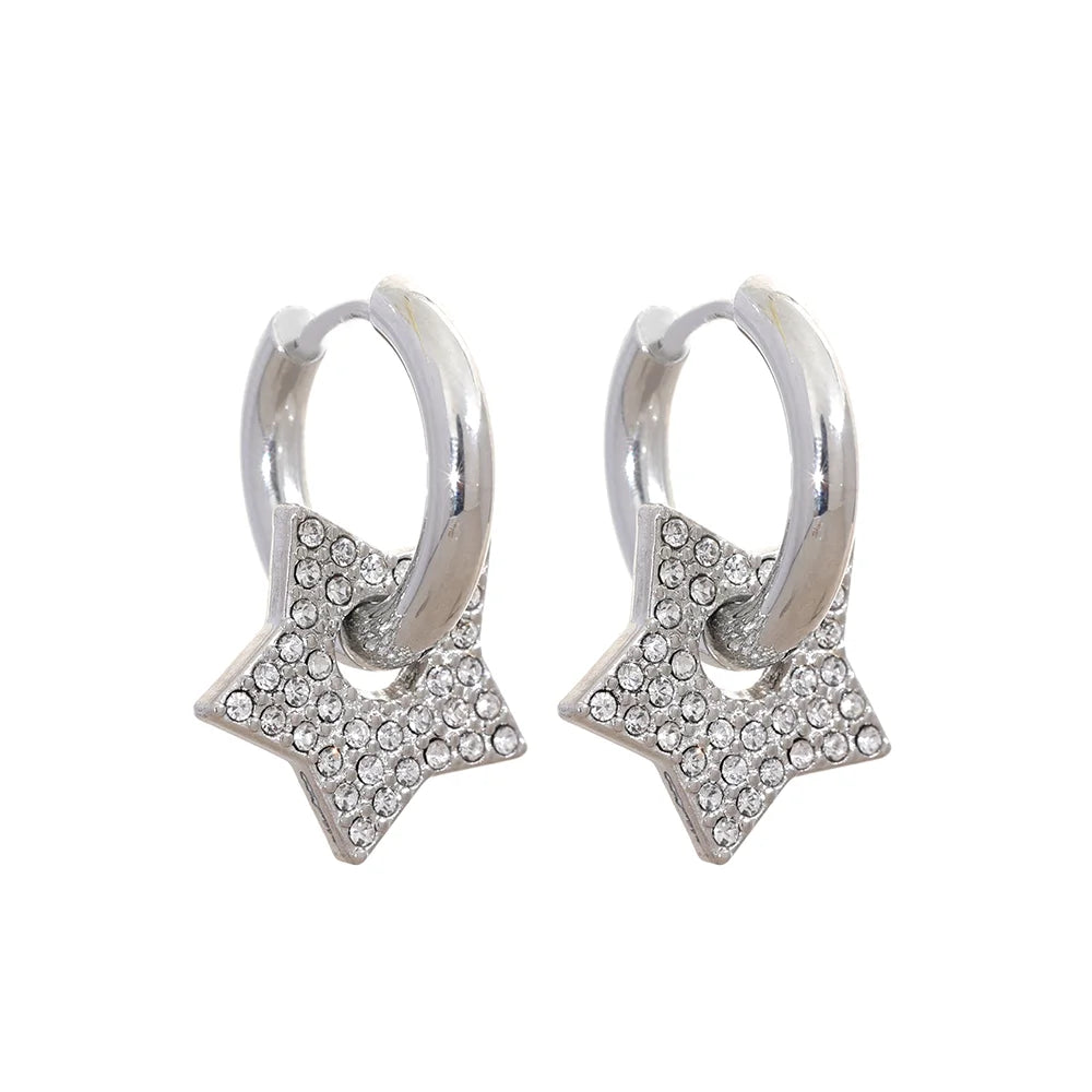 Star Drop Stainless Steel Cubic Zirconia Hoop Earrings for Women 18K PVD Plated Texture Jewelry