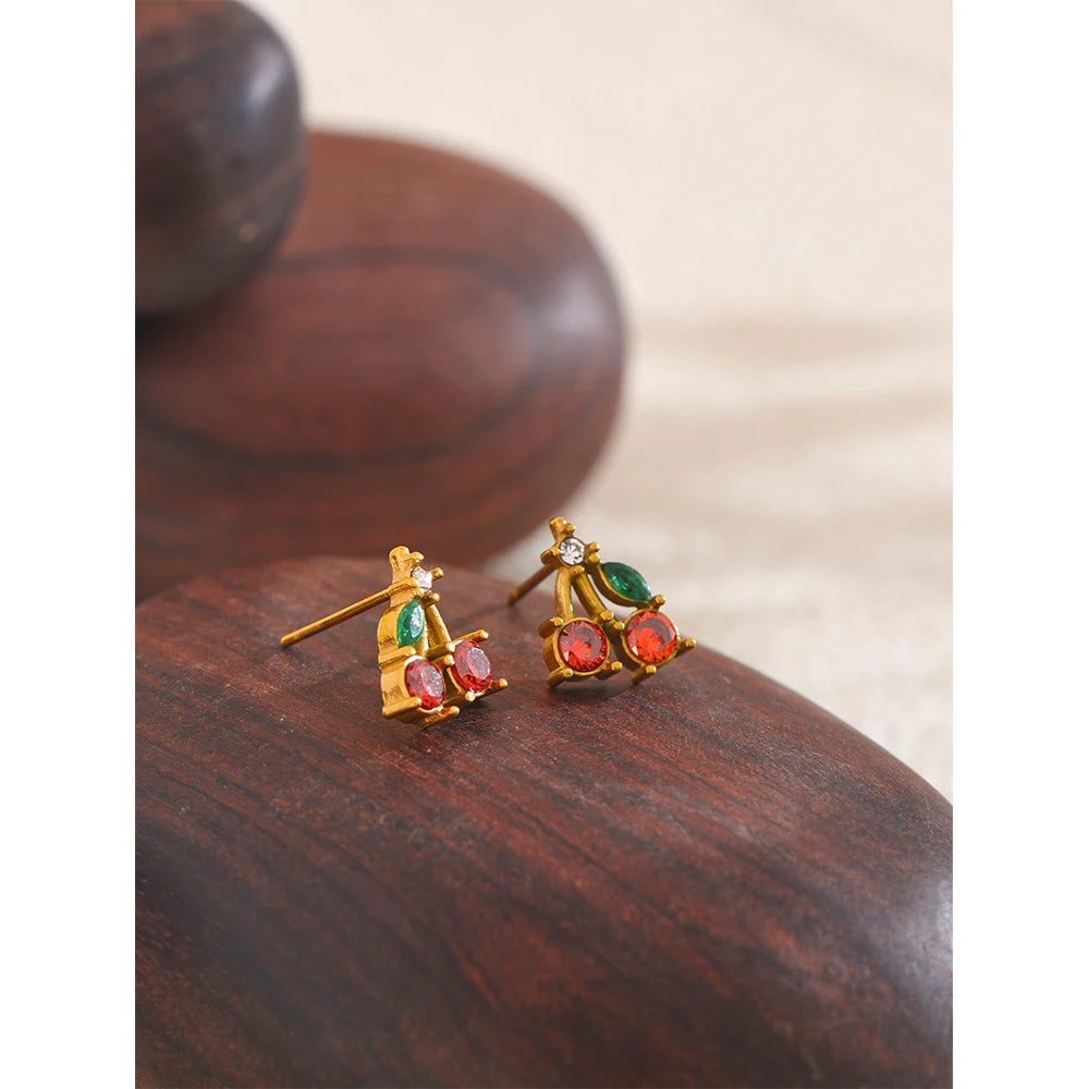 Red Cubic Zirconia Cherry Fruit Stud Earrings for Women Stainless Steel Waterproof Jewelry