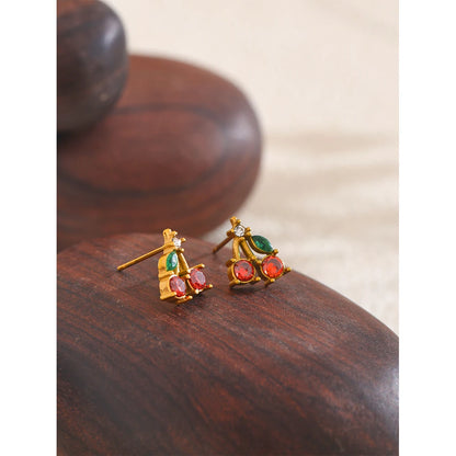 Red Cubic Zirconia Cherry Fruit Stud Earrings for Women Stainless Steel Waterproof Jewelry