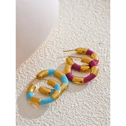 Multi Color Enamel Stainless Steel C-Shape Geometric Unique Earrings Waterproof Classic Stylish Jewelry