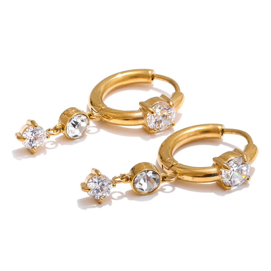 Gold Plated Stainless Steel Cubic Zirconia Drop Earrings