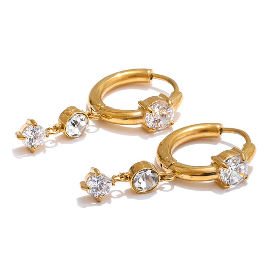 Gold Plated Stainless Steel Cubic Zirconia Drop Earrings