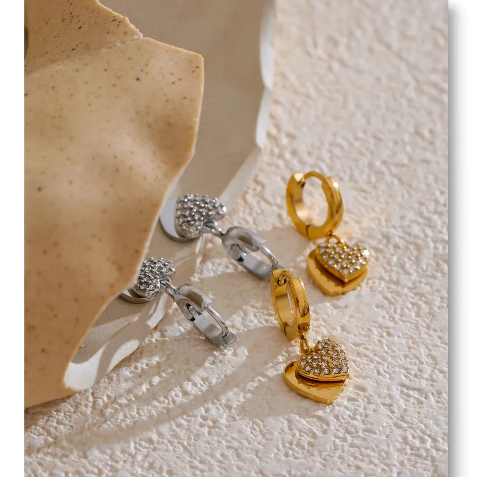 18K Gold Plated Stainless Steel Double Heart Cubic Zircon Drop Hoop Earrings for Women Hypoallergenic High Quality Jewelry