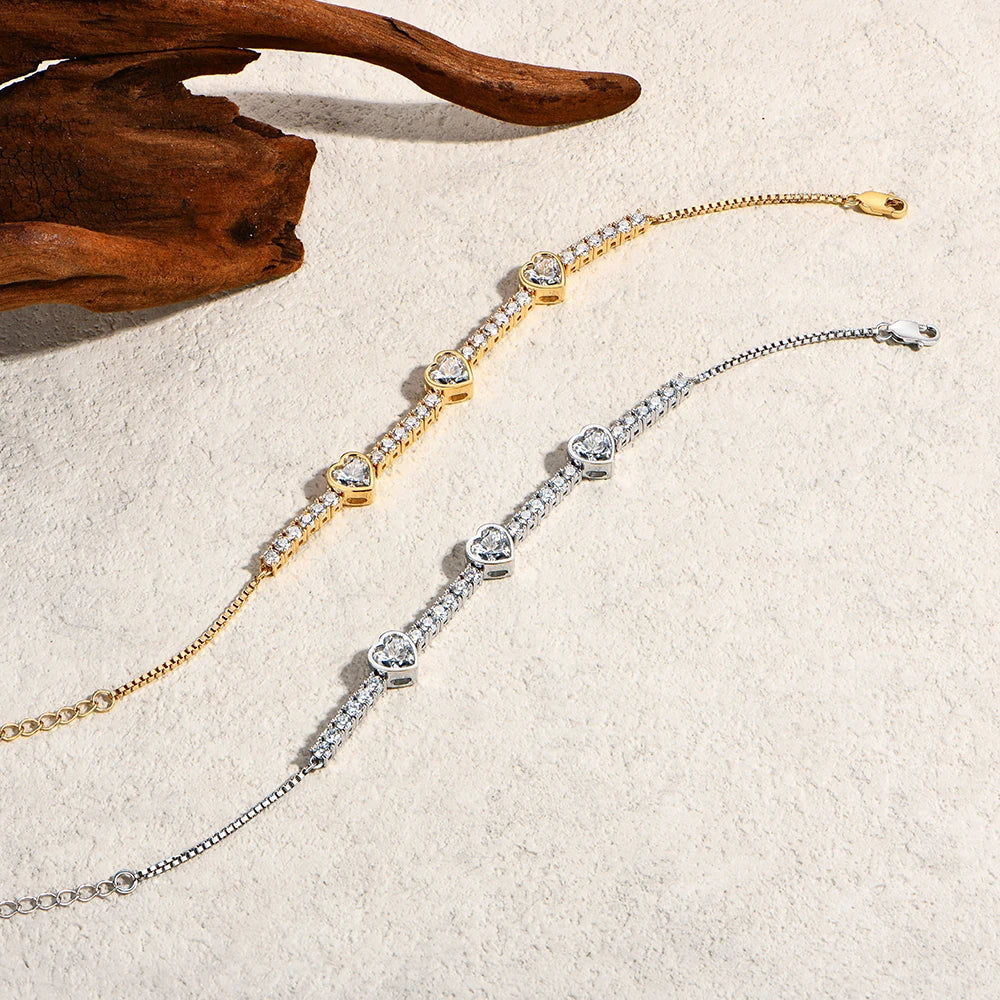 Valentine's Day Heart Shaped Moissanite Bracelet S925 Sterling Silver Adjustable Tennis Bracelet - 18K Gold Plated Fine Jewelry