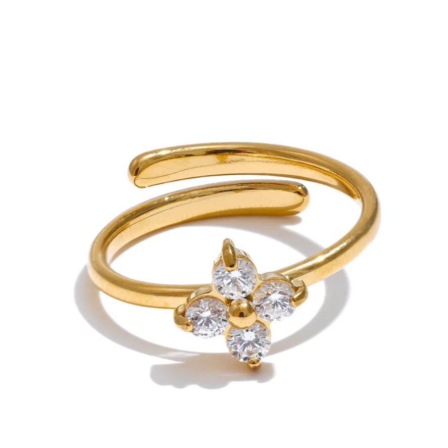 Luxe Jewels Stainless Steel Zirconia Flower Adjustable Ring – PVD Gold Plated Jewelry