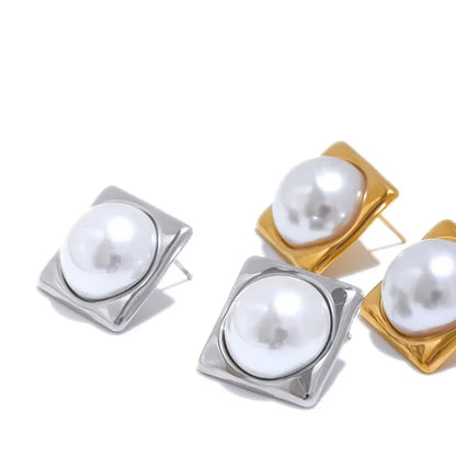 Elegant Square Pearl Stud Earrings – 316L Gold Plated