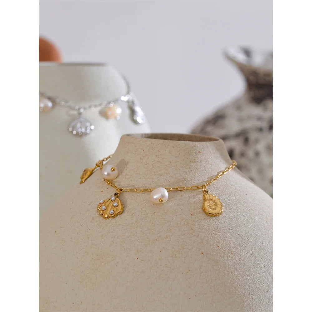 Ocean Charm Pearl Anklet – Shell Dolphin & Conch Design