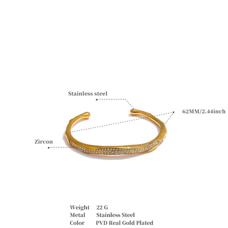 62mm CZ Open Cuff Bracelet – 18K Real Gold Plated Stainless Steel Waterproof Bracaelet