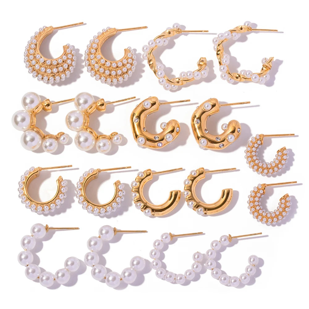 Uworld Exquisite Luxury Stainless Steel  Pearls Beads Hoop Huggie Earrings Romantic Elegant Fashion Charm Trendy Chic Jewelry