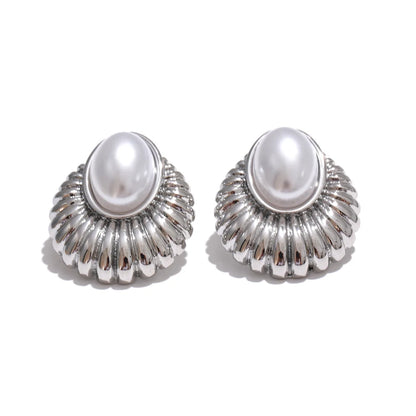 Striped Oval Pearl Stud Earrings – Gold Plated