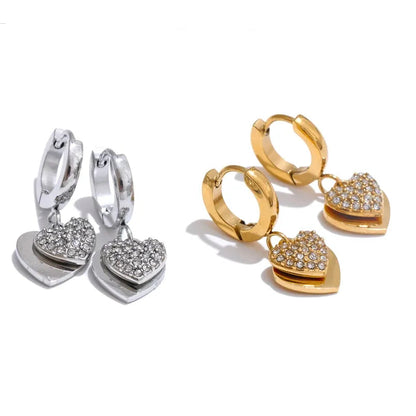 18K Gold Plated Stainless Steel Double Heart Cubic Zircon Drop Hoop Earrings for Women Hypoallergenic High Quality Jewelry